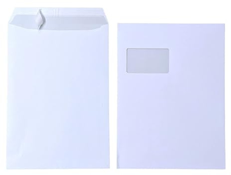 100x Versandtasche C4 A4 weiß mit Fenster, selbstklebend mit Abziehstreifen, mit grauen Innendruck, 120 g/qm, Maße 229 x 324 mm Umschläge Kuvert