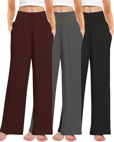 Kivdol Yogabyxor dam, 3-pack, avslappnade, vida och bekväma, med hög midja, mjuka loungebyxor med fickor, Large Plus