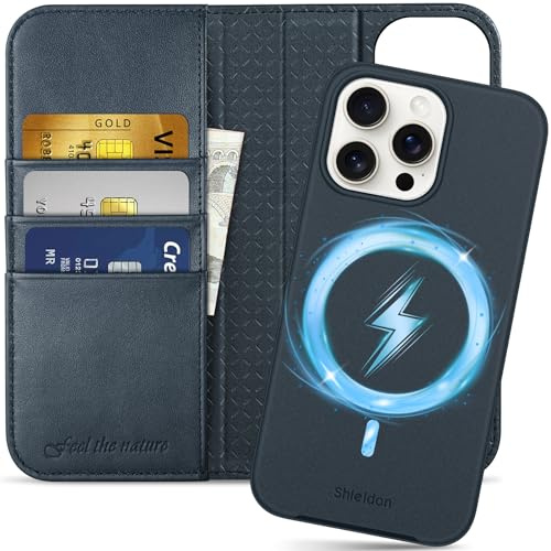 SHIELDON Rindsleder Hülle für iPhone 15 Pro Max 6,7 2023 5G, Marineblau | Abnehmbare, Kabelloses Laden, RFID Blocker, Kartenfach, Magnetverschluss, 2 IN 1 Schutzhülle, Handyhülle