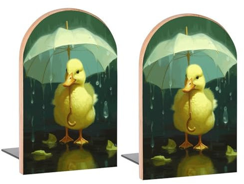 Buchstützen aus Holz, Motiv: Regenschirm, gelbe Ente und Regen, dekorative Buchstützen für Regale, Kinderzimmer, Schreibtisch, Zuhause, Büro, Buchstopper für Zeitschriften, Bücher, DVDs, 1 Paar/2