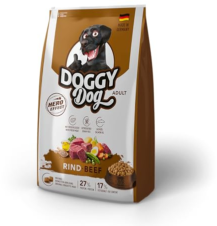 DOGGY Dog Rind Adult, 10 kg, Trockenfutter mit hohem Fleischanteil für ausgewachsene Hunde, getreidefreies Hundefutter mit Lachsöl, Made in Germany