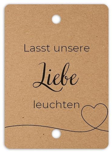 50x Lasst unsere Liebe leuchten Wunderkerzen Hochzeit Etiketten - Schöne, doppelt gelochte Kärtchen für Wunderkerzen und Knicklichter (Vintage, 5 x 7 cm)