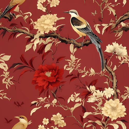REDAMANCY Vintage Golden Red Peony Floral Bird Peel and Stick Wallpaper, Easy Peel Off for Nightstand Drawer, Renter-Friendly 17.7x236}