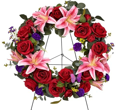 Saxili Cemetery Wreaths for Graves with 30 inch Easel Stand,Handmade Headstone Wreath Flower with Hanger, Artificial Rose Lily Daisy and Carnation,Red/Pink