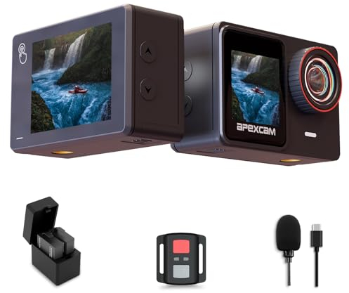 Apexcam Caméra d’Action 4K 60FPS Double Écran 48MP Étanche 40M WiFi Grand Angle 170° avec Micro Externe, Télécommande et Accessoires, Idéale pour Sports Nautiques, Randonnée, et Vlogging