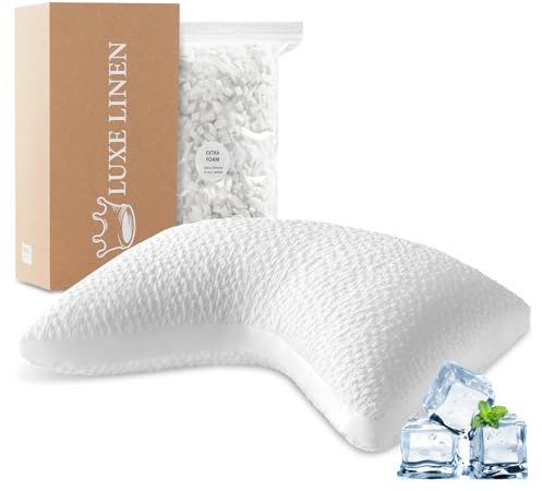 Luxe Linen Side Sleeper Pillows for Adults, Adjustable Shredded Memory Foam Bed Pillows for Neck and Shoulder Pain, Standard White Cooling Curved Pillows with Washable Cover