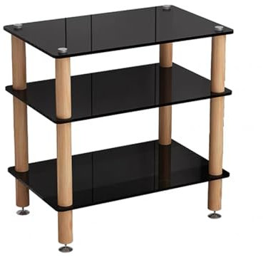 GUAWJRZDP Rack Audio, Rack Hi Fi con Pannello In Vetro Temperato, Mobile Stereo Hi Fi Rack Hi Fi, Mobiletto Stereo con Piedini Ammortizzanti, Cabinet Audio Hi Fi Aperto, con Colonne In Legno(Black+woo