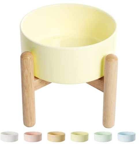 Elevated Ceramic Dog Food Bowl - Raised Feeding Bowl with Wooden Stand - Pet Dish for Small and Medium Dogs - Candy Colors - 2 Cups / 27 fl oz / 800 ml - Yellow