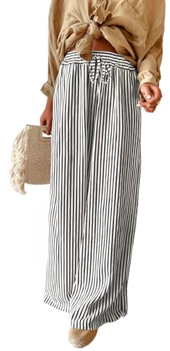 Acelitt Women's Casual Striped Loose Wide Leg Pants Drawstring Elastic High Waisted 2026 Summer Fashion Beach Pants Trousers Black XXL