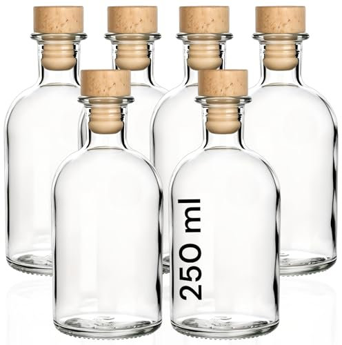 gouveo Set of 6 Glass Bottles 250 ml Pharmacist with Cork (HGK) - Round Bottle for Filling - Empty Apothecary Bottle for Liqueur, Oil, Vinegar (AFRT250HGK)