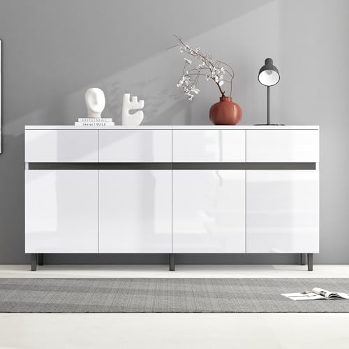 Soweiz Hochglanz Sideboard, Kommoden,Schubladenkommoden mit 4 Schubladen2 Türen und höhenverstellbaren Regalböden,Hochglanz-Sideboard, Eckschränke,Schränke,160x40x68cm