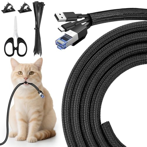 3M Cable Protector Animal Proof 10mm, Cable Tidy Sleeve with Zip tie, Cable Management, Tubing Cable Sleeve, Flexible Expandable Cable Tidy Sleeve for USB Power Cord Audio Video, Black