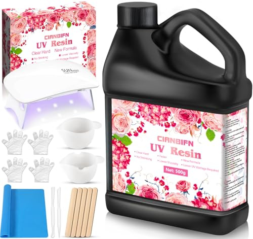 CIANBIFN UV-harts, 500 g, UV-harts, uppgraderat UV-harts-kit, transparent UV-lampa kit för smycken, smyckestillverkning, hård transparent, hantverk