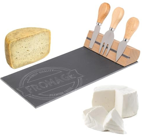Envenzo Cheese Board Set with Slate Serving Platter and Stainless Steel Knives