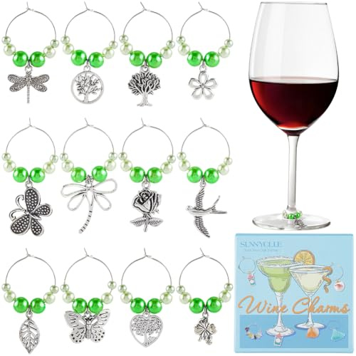 SUNNYCLUE 1 scatola Da 12 pezzi 12 stili Ciondoli per Bicchieri Da Vino Verdi Ciondoli per Bevande In Argento Lega metallicas Albero Dellsa Vita Libellula Farfalla Fiore Foglia Etichette Identificativ