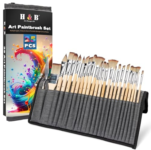 H&B 25pcs Professional Paint Brush Set with Canvas Roll for Art Sketching