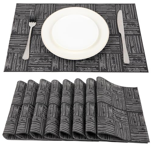 SueH Design Gewebte Platzdeckchen Abwaschbar Platzsets 8er Set Vinyl Hitzebeständig Tischsets 45cm x 30cm, Schwarz