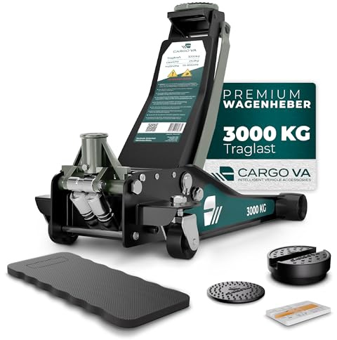 CargoVA Wagenheber 3T hydraulisch | Flacher Wagenheber mit 75-505mm Hubhöhe | Profi-Toolkit inkl. Kniematte & 2X Gummiauflagen | Ideal für SUV & tiefergelegte Autos | Rangierwagenheber Reifenwechsel