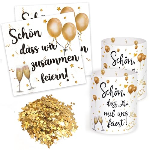 VOPIWOZ 40 Servietten Geburtstag mit 8 Windlicht Tischdeko, 15g Stern Konfetti Gold, Spruch Schön, Dass Wir Zusammen Feiern, für Taufe Babyparty Geburtstag Silvester Deko Hochzeit