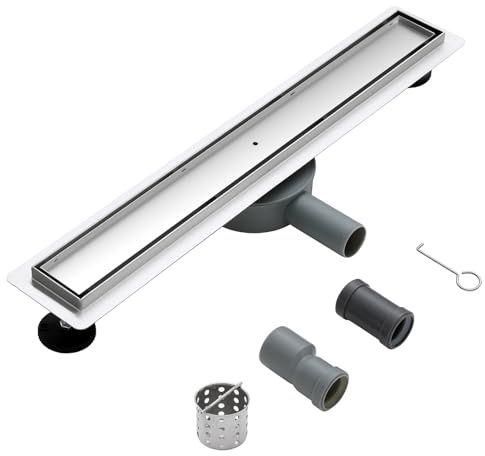 KEOKBON Duschrinne 60cm Edelstahl Bodenablauf | 304 Edelstahl, 60x7cm Bodenablauf, 360° Siphon, befliesbar, extra flach, Geruchsstop, Haarsieb, DN50 DN40, Bad, Außenbereich