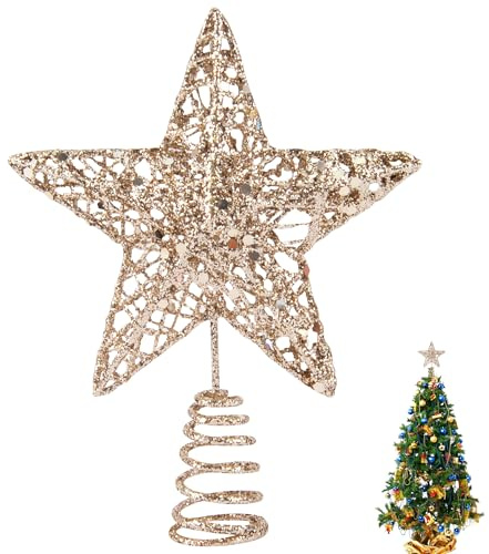KEYIDO White Gold Small Christmas Tree Topper Mini Star for Christmas Tree Metal Xmas Small Star for Top of Christmas Tree Decorations Width 12cm/5Inch High 15cm/6Inch