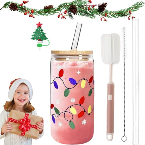Color Changing Christmas Cup,Christmas Color Changing Glass Cup with Lids and Straws,Reusable Xmas Lights Iced Glass Cups for Party (A,500ml)