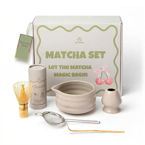 Ally Maison® Design Matcha Set 5-teilig in sand beige – Hochwertige Keramikschale mit Bambusbesen (Chasen) – Stilvolles Zubehör für die traditionelle Matcha Zubereitung – Ästhetisches Geschenkset