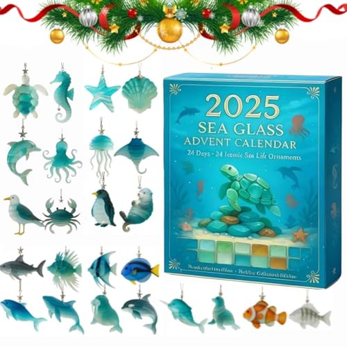 Seeglas-Adventskalender 2025 mit Meerestieren, Seeglas Meeresleben Adventskalender 2025, 24-tägiger Weihnachtskalender mit 24 realistischen Meerestieren für Kinder und Sammler (1set)