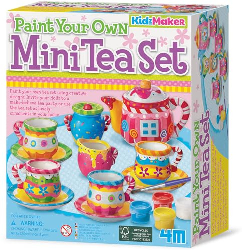 4M: KidzMaker - Pinta tu propio mini juego de té, kit de manualidades de pintura de porcelana, tetera, taza de leche, azucarero, personaliza tus diseños artísticos, niños mayores de 8 años