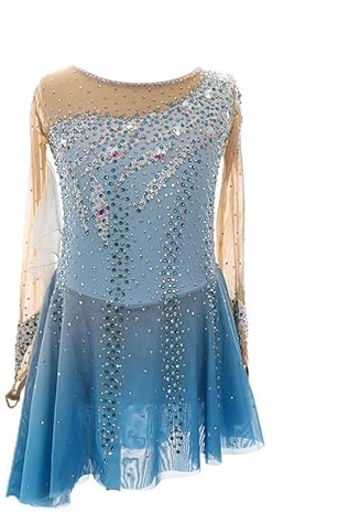 Nnnydjy Tävlingsklänning för konståkning för flickor Dräkt för balett och gymnastik för dam Professionell rullskridsko kostym för dam Asymmetrisk fåll,Blue,XL