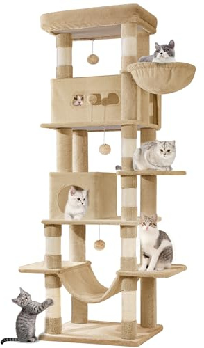 Hzuaneri 210 cm Grand Arbre à Chat, avec Grand Perchoir, Marron Camel | Tour à Chat pour Chats D'intérieur, Tapis Lavable, 2 Niches Chats, 8 Griffoirs, Hamac, Pompons, MS21018LC