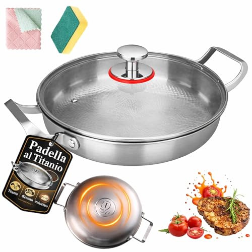Generico Padella Titanio Puro senza Rivestimento, 2026 Premium Padella Titanium 26/28/30/32 cm, Padella in Titanio Robusta senza Rivestimento con Manico Ergonomico (Con Coperchio, 32 cm)