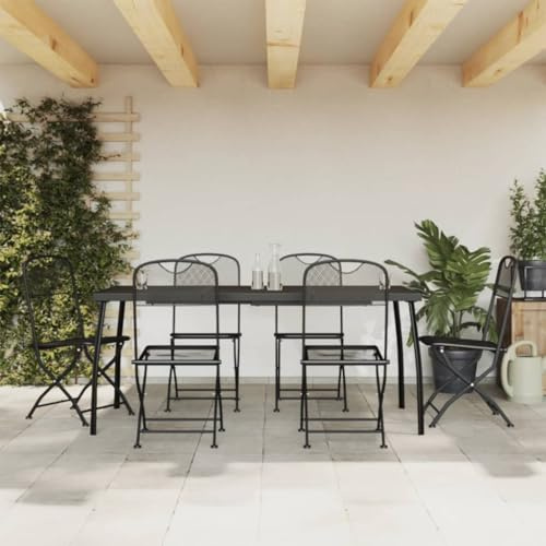 Kaloriko 7-TLG. Garten-Essgruppe Anthrazit Streckgitter, Metall Outdoor Möbel Set, klappbare Terrassenstühle, 165x80x72cm Gartentisch, für Balkon & Garten