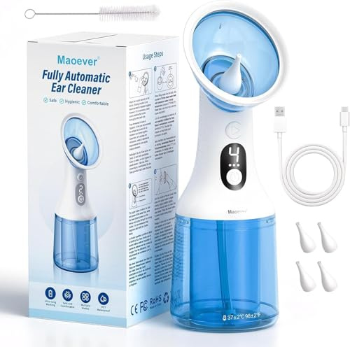 Electric Ear Wax Removal with One-Piece Waste Tank, Water Powered Ear Cleaner with 4 Pressure Modes for Earwax Remove at Home, 4 Tips, USB-C Cable, IPX7(Navy Blue)