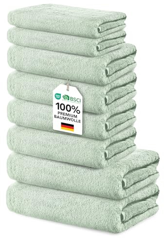 Ôhm Handtuch-Set 8-teilig Baumwolle Salbei | Komplette Lösung fürs Badezimmer oder als fertiges Geschenk, ohne einzelne Teile zusammenzusuchen