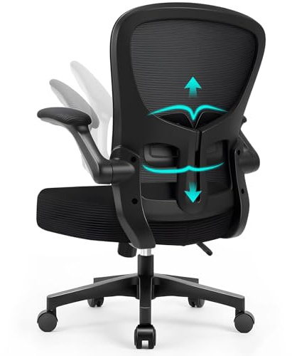 Durrafy Ergonomischer Bürostuhl, Schreibtischstuhl mit Netzrückenlehne, Lordosenstütze, 130° Neigung, hochklappbare Armlehnen, SGS-Zertifiziert, bis 130 kg, Schwarz