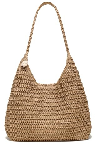 SUANNI khaki Straw Beach Bag for women, Woven Tote Hobo Bags, Lightweight Casual Boho Summer Tan Shoulder Handbag, Packable Mesh Everyday Purse for Holiday Shopping Travel