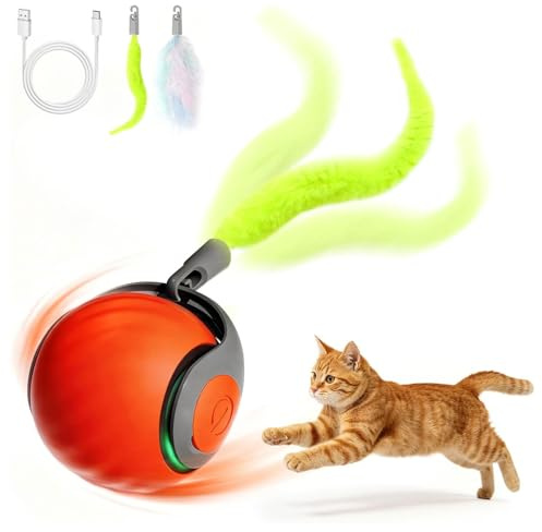 Speedy Panther Interactive Cat Ball Toy for Indoor Cats, Automatic Rolling Smart Kitten Chase Ball Toy, Motion Activated, USB Rechargeable, with Fluffy Tail, Orange