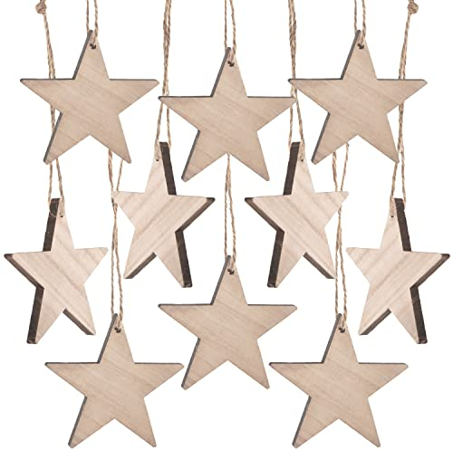 Stelle natalizie in legno naturali, 10 pezzi: ornamenti natalizi shabby chic per albero di natale e finestre, decorazioni da appendere rustiche, pendenti per regali e pacchetti, 7 cm