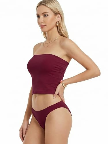 MixMatchy Women's Tube Top with Built-in Bra, Double Layered Strapless Bandeau Top, Y2K Side Ruched Casual Tops Dark Burgundy S