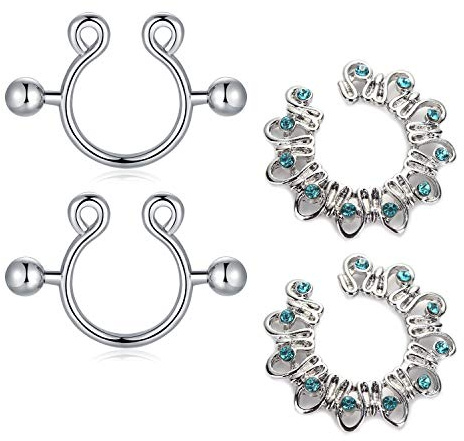 Briana Williams 2 Pares Falso Anillo de Pezón Conjunto de Acero Inoxidable Aro No Perforado Joyería Piercing de Pezón Plata