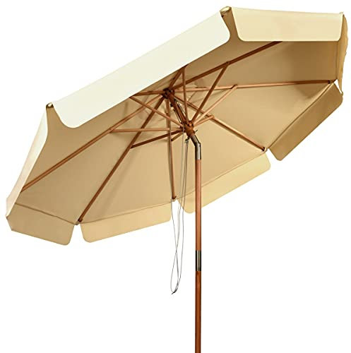 GYMAX Ombrellone da Giardino 3x3 M, 8 Stecche in Legno Massello, Ombrellone Inclinabile con Copertura Impermeabile e Resistente al Sole, per Terrazzo Patio (Beige)