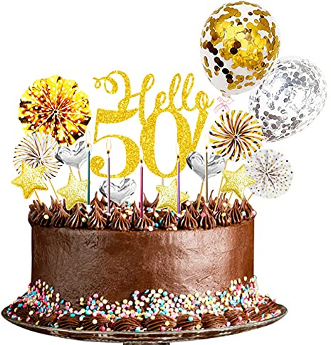 Yitla 50th Birthday Decorations Personalised Cake Topper,50h Cake Toppers For Women Men with Birthday Candle,Hello50 happy Birthday Topper Rose Gold Cake Decorations (50)