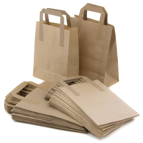 250 Takeaway Bags Brown Kraft Paper SOS Food Carrier Bags with Handles Eco Friendly Safe Party Takeaway Bar Restaurant Shopping Lunch Gift Picnic Durable & Biodegradable (SMALL (7 x 9 x 3.5))