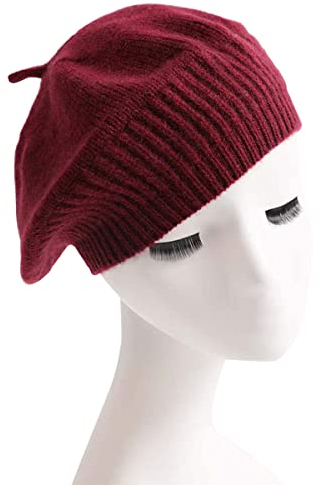 Damen Strickmütze Baskenmütze, 100% Kaschmir Einfarbig Beanie Mütze/Barette, Warme Strick Winterhüte Herbst Kappe Klassische Baskenmützen, Geschenk für Weihnachten/Neujahr Wine Red