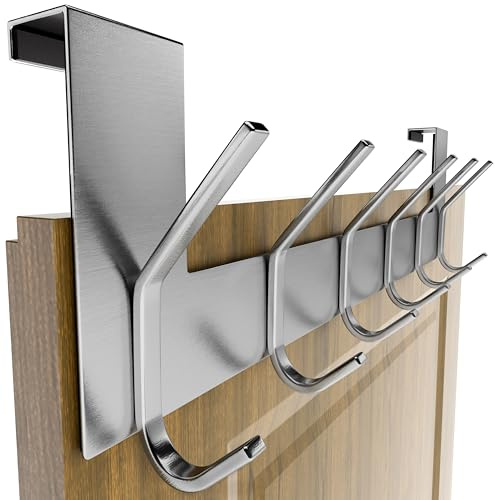 SKOLOO Türgarderobe mit 6 Haken, Türhaken Zum Einhängen Ohne Bohren, Kleiderhaken Tür für Küche, Badezimmer, Wohnzimmer und Flur, Silber