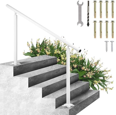 VEVOR Kit di Corrimano per Scale da Esterno Interno Bianco in Alluminio Adattabile 0-5 Gradini, Corrimano con Palo Doppio Lunghezza 152,8cm Altezza 91cm Massimo 5 Gradini, Corrimano in Allumino Bianco