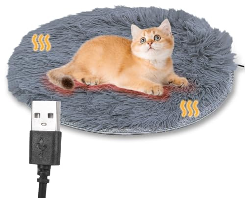 Cyrank Heated Cat Bed, 40cm Calming Round Soft Plush Pet Electric Blanket Dog Heated Warming Pad Heated Pet Mat Constant 28℃ for Small Dogs Cats (Light Gray)