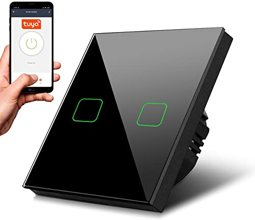 Maclean MCE717B Smart WiFi 2-Fach Touch Lichtschalter Kompatibel mit Tuya APP Wandschalter Glas Schalter mit Farbwechsel LED Hintergrundbeleuchtung Einbauschalter 85x85mm (2-Fach Eckig, Schwarz)
