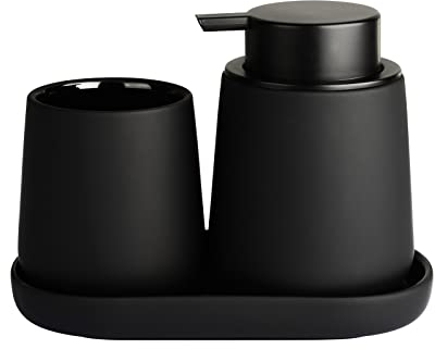 Schwarz Badezimmer Set Umlaca Bathroom Accessories,3-teiliges Zubehör Enthält 350ml Seifenspender, 320ml Zahnputzbecher und Seifenschale,Geeignet für Bad,Waschbecken,Flüssigseifenspender